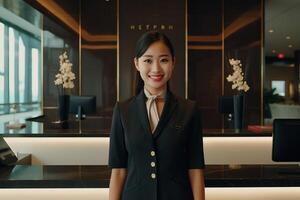 Portrait beautiful asian receptionist smiling confident photo