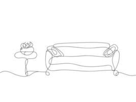 Continuous one line drawing of sofa and table with plate and fruit on it. Stylish furniture for living room or hotel concept in simple linear style. Doodle vector illustration. Line art