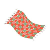 Patchwork quilt. Warm handmade blanket sewn from multi-colored green-red-pink shreds of fabric. Vector illustration.