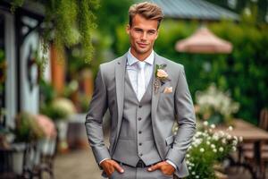 Portrait groom standing confidently photo