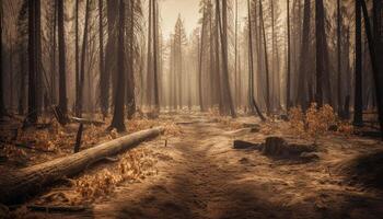 Tranquil forest footpath, autumn leaves vanish into mystery generated by AI photo