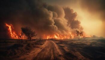 Burning forest fire destroys natural environment outdoors generated by AI photo