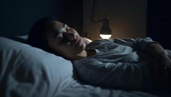 Young woman napping in dark, comfortable bedroom generated by AI photo