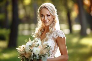 Portrait a beautiful bride with flowers bouquet AI Generative photo