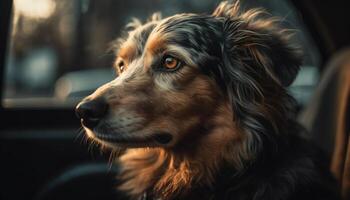 linda perrito sentado al aire libre, mirando a cámara generado por ai foto