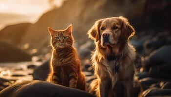 Golden retriever and kitten enjoy summer sunset generated by AI photo