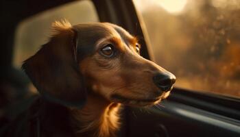 Cute purebred dachshund sitting in car window generated by AI photo