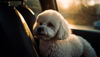 Fluffy terrier sits in car, looking out generated by AI photo