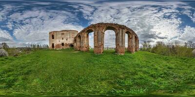 full spherical hdri 360 panorama near stone abandoned ruined palace building with columns at evening in equirectangular projection, VR AR virtual reality content photo