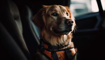 Cute purebred retriever sitting outdoors, looking at camera generated by AI photo