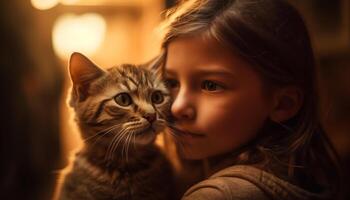 Smiling girl embracing playful kitten indoors happily generated by AI photo