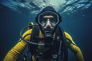 portrait of a diver in the ocean with light exposure ai generate photo