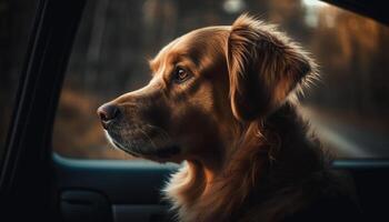 Cute purebred puppy sitting in car, looking outdoors generated by AI photo