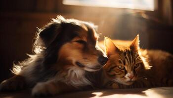 Cute puppy and kitten playing together indoors generated by AI photo