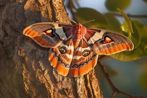 Portrait macro atlas moth on the tree with light exposure photo