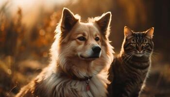 Smiling purebred puppy sitting in autumn forest generated by AI photo