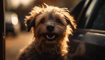 Cute terrier puppy sitting in car, smiling generated by AI photo