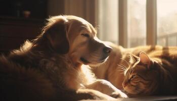 Fluffy puppy and kitten play in sunlight generated by AI photo