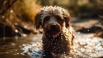 Cocker Spaniel splashing in wet autumn nature generated by AI photo