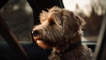 Purebred terrier sits in car, looking out window generated by AI photo