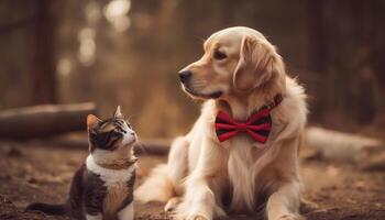 Playful puppy and kitten enjoy nature outdoors generated by AI photo