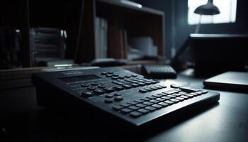 Illuminated keyboard on modern desk in office generated by AI photo