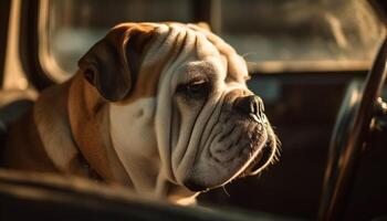 Wrinkled bulldog sitting in car, looking outdoors generated by AI photo