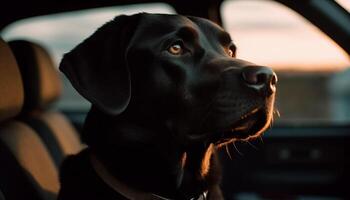 Purebred retriever sitting outdoors, looking at car generated by AI photo