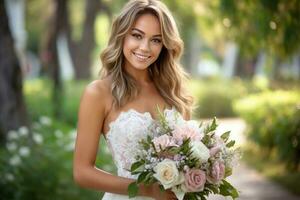Portrait a beautiful bride with flowers bouquet AI Generative photo
