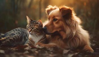 linda perrito y gatito jugando en naturaleza generado por ai foto