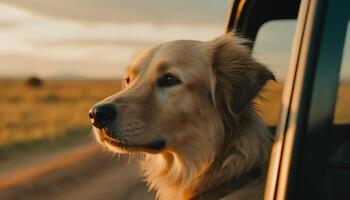 Golden retriever puppy sitting in grass outdoors generated by AI photo