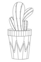 Cactus in a decorated pot on white background black and white outlined coloring page vector