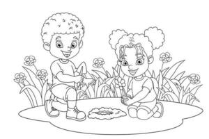 Two little kids planting cute flower plant in the garden black and white coloring page vector