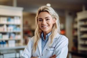 retrato un hermosa farmacia oficial sonriente confidente ai generativo foto