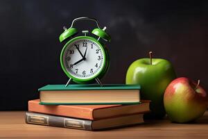 Books with clock and apple on the table ai generate photo