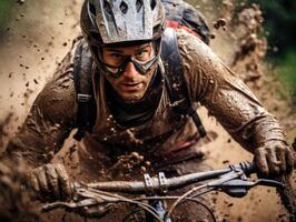 Portrait someone riding a bicycle with splashes of mud photo