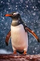 retrato pingüino en el Nevado con ligero exposición ai generativo foto