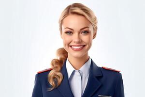 Portrait beautiful stewardess isolated in white photo