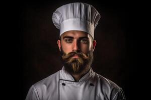 retrato cocinero en pie confidente aislado en negro ai generativo foto