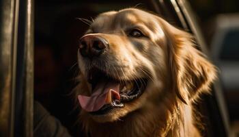 Golden retriever puppy sitting outdoors, looking cheerful generated by AI photo