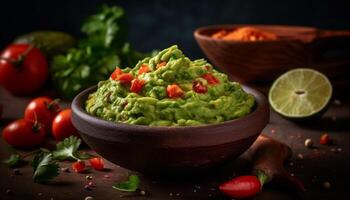 Fresco guacamole inmersión con orgánico aguacate y cilantro generado por ai foto