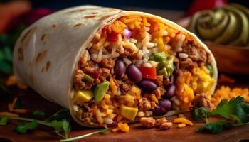 Mexican flatbread meal with beef, guacamole, and vegetables generated by AI photo