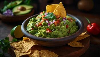 Fresco guacamole inmersión en crujiente tortilla papas fritas generado por ai foto