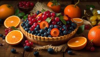 Fresh berry dessert on rustic wooden plate generated by AI photo