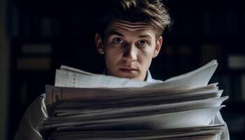 Stressed businessman reading paperwork, surrounded by documents generated by AI photo