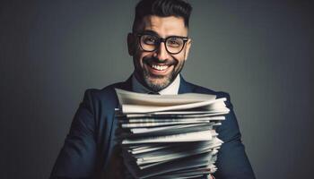 Successful businessman holding stack of documents, smiling confidently generated by AI photo