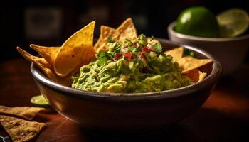 Fresco guacamole inmersión con crujiente tortilla papas fritas generado por ai foto