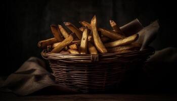 Rustic wicker basket holds crunchy French fries generated by AI photo