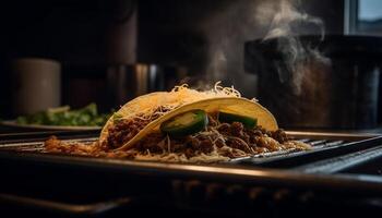 A la parrilla carne de vaca y Cerdo tacos, Fresco y picante generado por ai foto