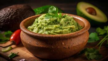 Fresco guacamole inmersión con orgánico vegetales y hierbas generado por ai foto